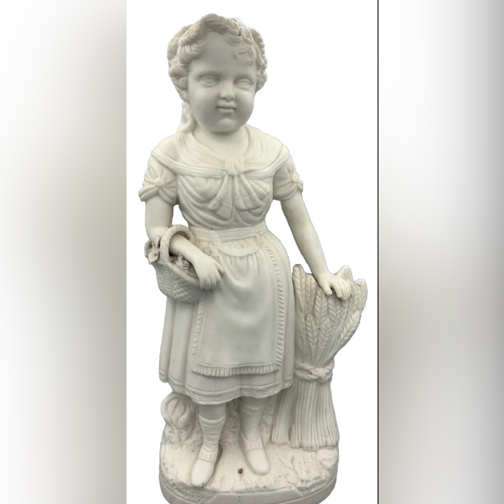 JW754 13.5” tall Antique Bisque Porcelain Girl holding Basket Statue Marked